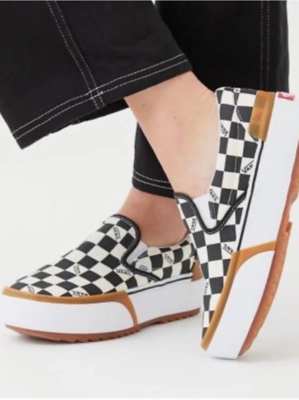 Vans Black & White Checkerboard Platform Slip-On Sneakers- size 8.5
